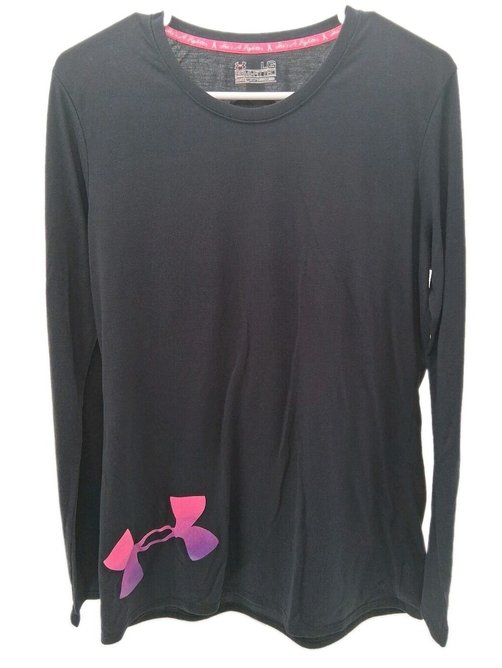 Under Armour Shirt Women's Large Black Heatgear She's a Fighter Semi Fitted